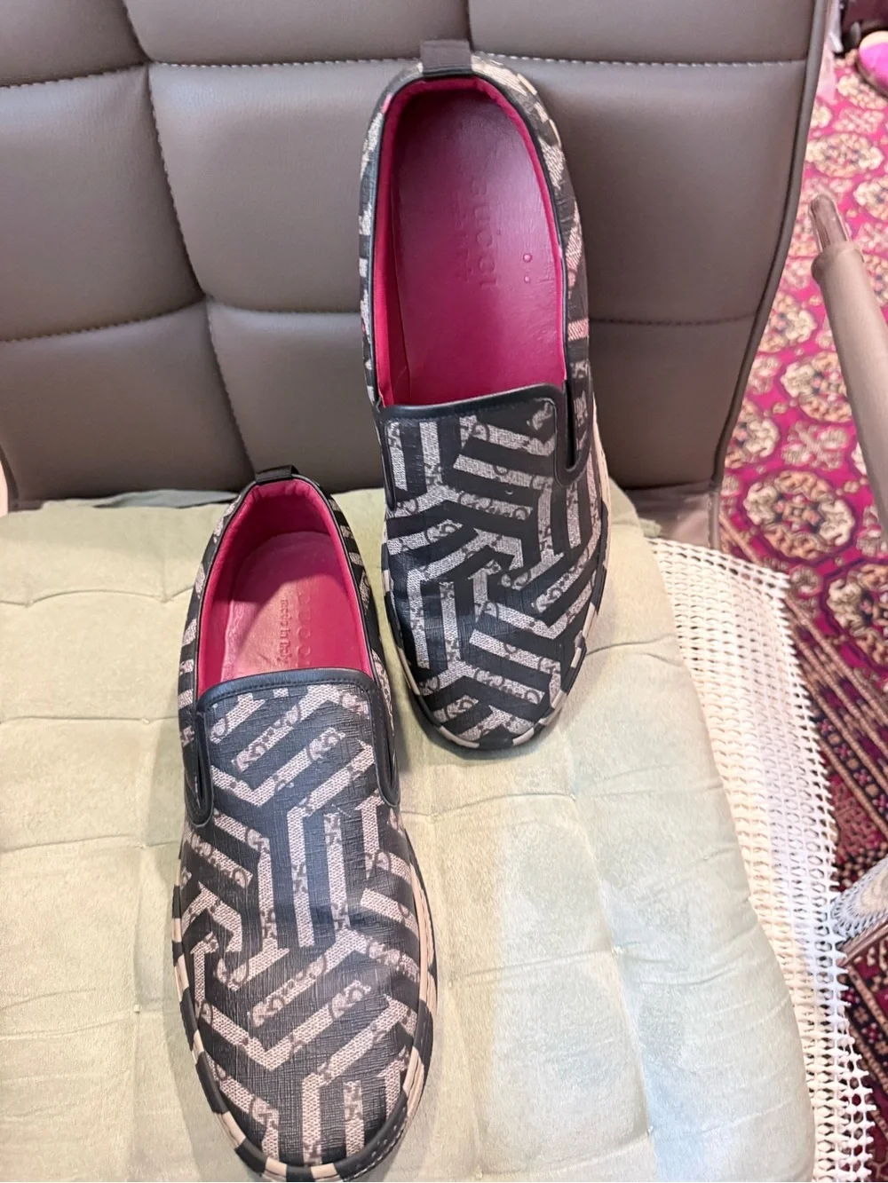 Gucci Black & Pink Monogram Slip-On Sneakers